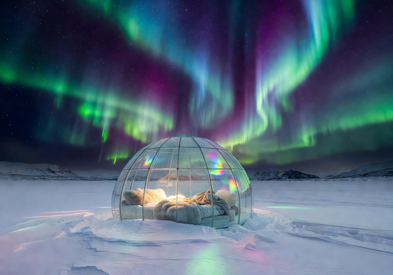 Glass igloo beneath the Northern Lights