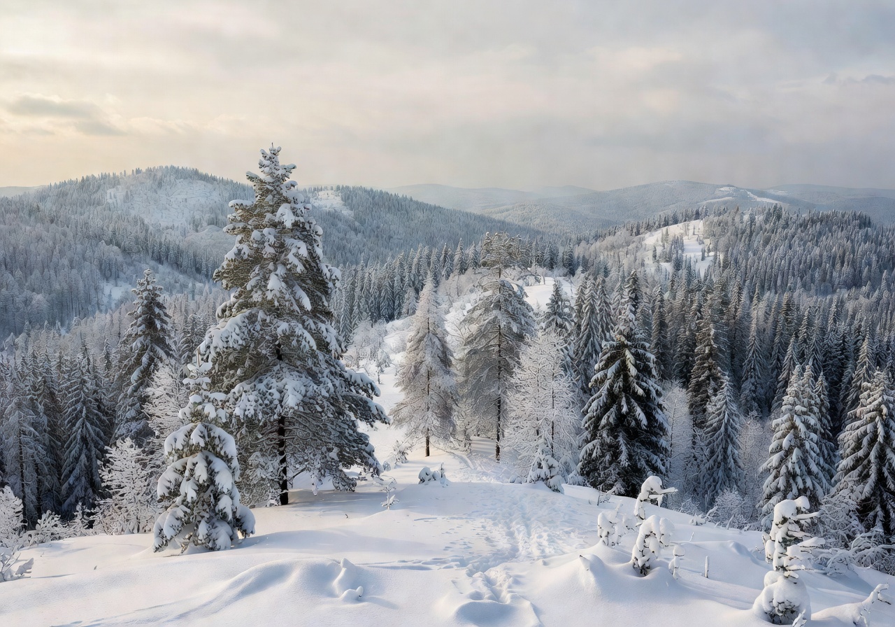 Hilltop panoramic view of snowy forests