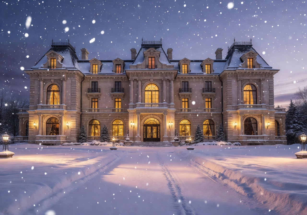 Luxury hotel exterior glowing in the snow