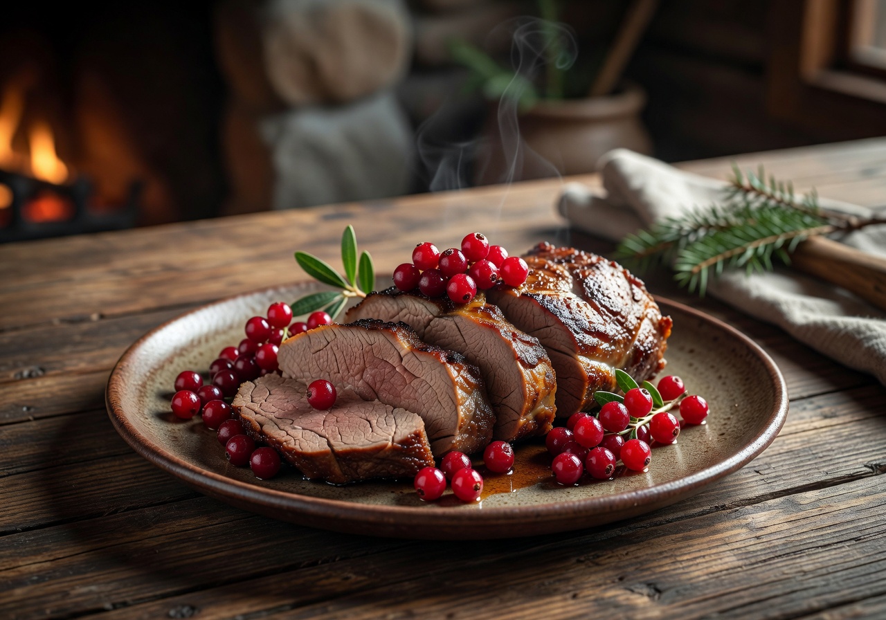 Signature dish roasted reindeer with lingonberries
