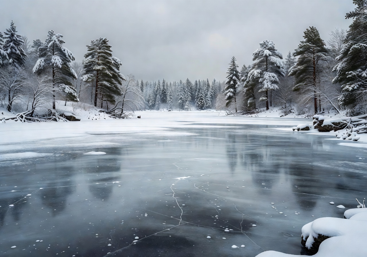 Winter landscape with frozen lake